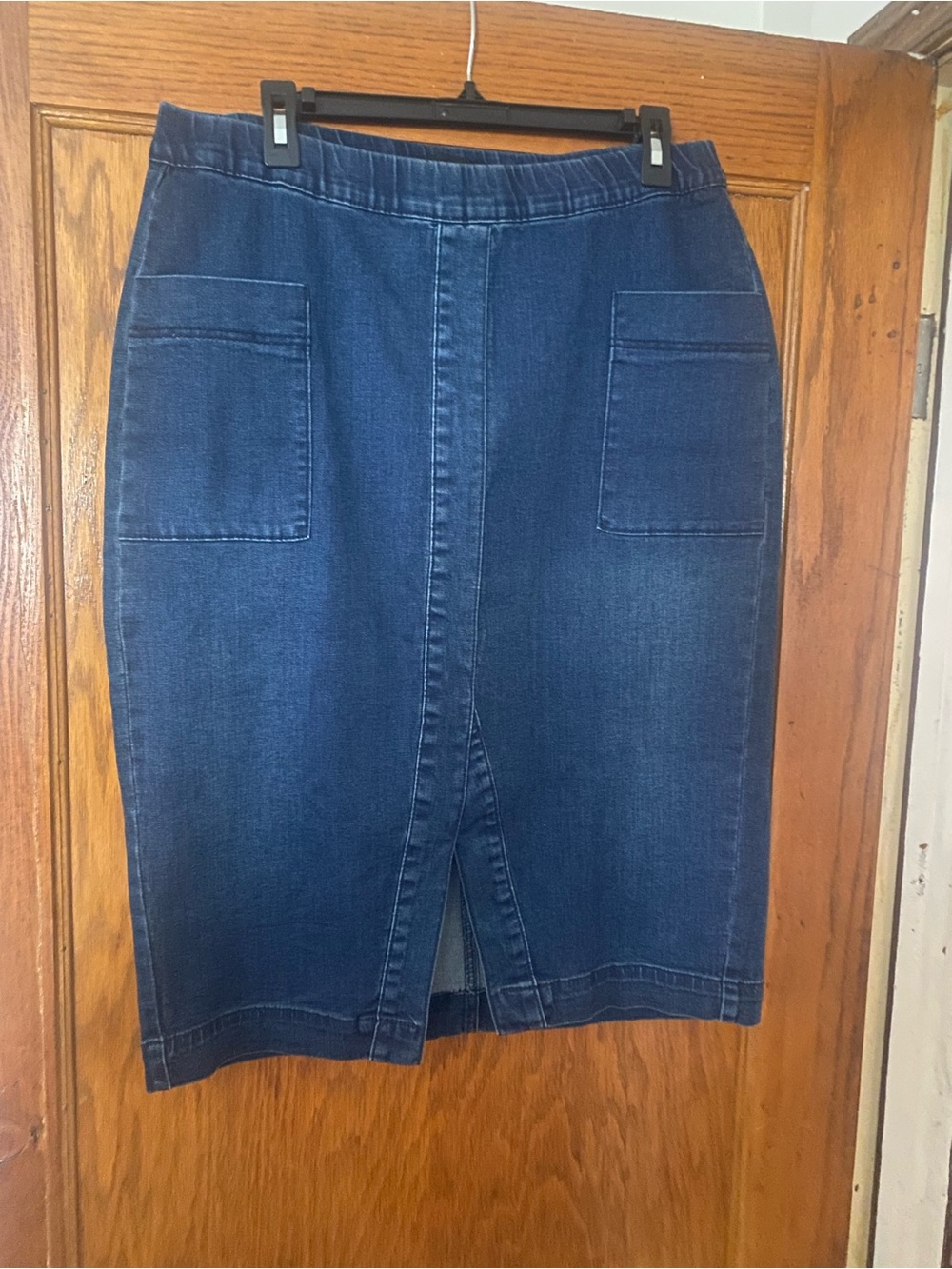 Ashley Stewart Dark Blue Denim Pencil Skirt with Front Patch Pockets